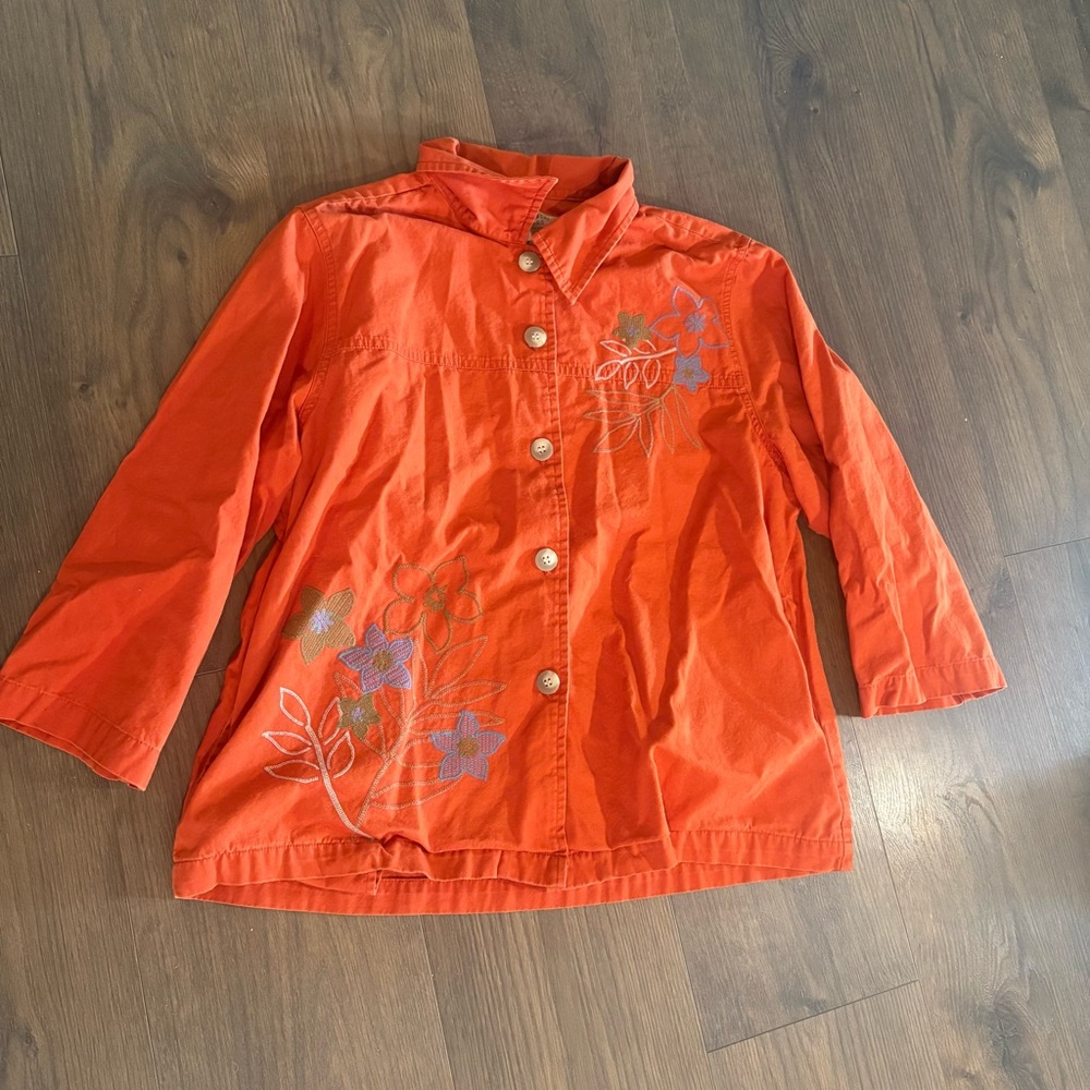 Mountain Lake Orange Embroidered Womens Button-Up Size Medium 100% Cotton